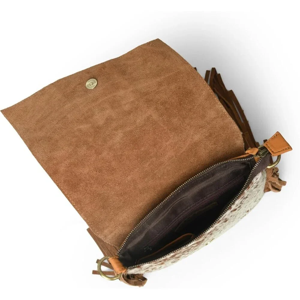 Leather Cross Body Bag Women Hand-Tooled Floral Suede Fringes Adjustable